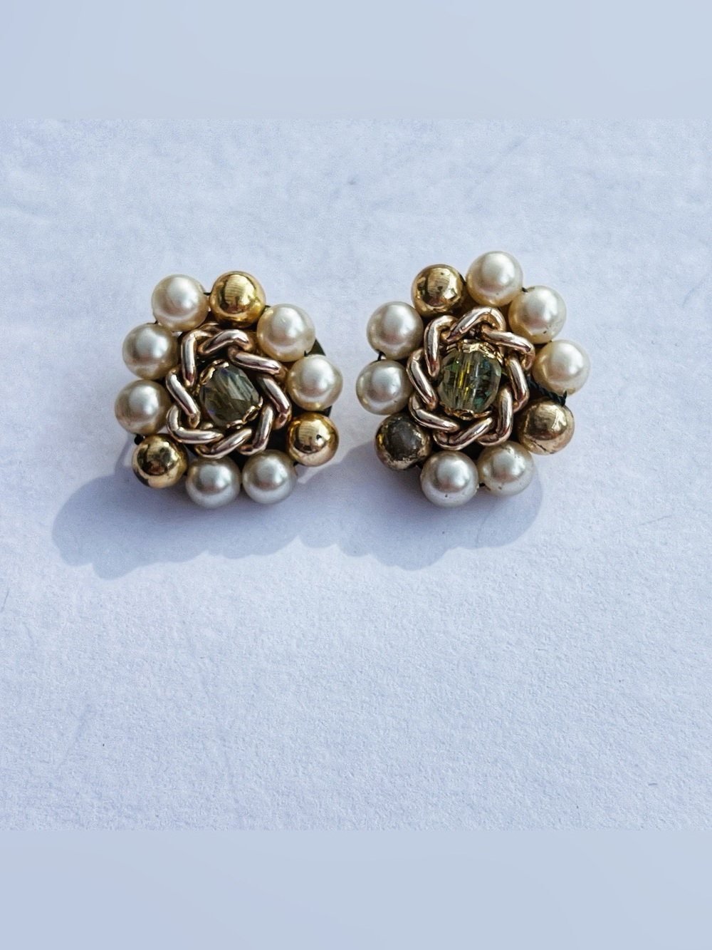 Japan | Faux Pearl Cluster Clip On Earrings | Vintage Gold Tone